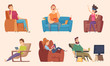 Sedentary lifestyle. Man and woman sitting relaxing eating food lazy working fat unhealthy characters watching tv vector cartoon. Woman and man sitting on sofa at home illustration