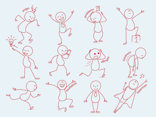 Wall Mural - Stickman characters. Business person in doodle style cute expressions man funny poses office manager working vector line sketches. Stickman expression, tiredness, exultation and affright illustration