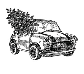 Retro mini car with Christmas tree. Line art style.