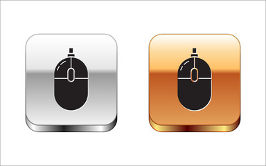 Black Computer mouse icon isolated on white background. Optical with wheel symbol. Silver-gold square button. Vector Illustration