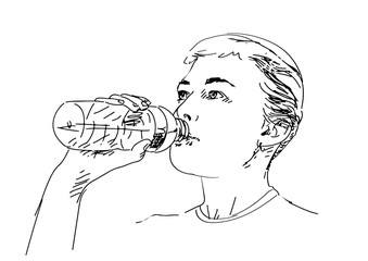 boy is drinking water from water bottle, man profile view  C