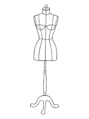 Women's sewing mannequin with technical lines for atelier, fashion boutique. Black- white female dummy tailor. Vector illustration Isolated on white background. Drawn by hand graphic sketch. Coloring.