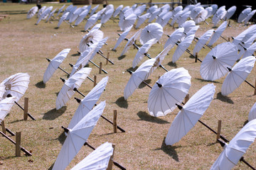  Beautiful umbrellas are on the ground neatly lined up in a direction, selectively focused