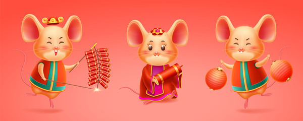 Wall Mural - Rat celebrating 2020 chinese new year or mouse with hat and fireworks, red lantern or salute, kite. Korea and vietnam, singapore festival or asian festive, china celebration. Boy and girl mice. Lunar