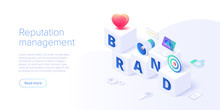 Building Brand Strategy In Isometric Vector Illustration. Identity Marketing And Reputation Management. Brand Persona Creation. Web Banner Layout Template.