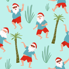 Wall Mural - Tropical pattern with dancing Santa. Vector seamless texture.