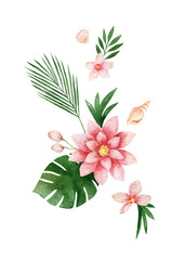 Wall Mural - Watercolor vector composition of Lotus flower and branch of eucalyptus.
