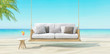 travel and vacation concept, rest on soft furniture on the sandy beach 3d render 3d illustration