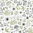 © Noli Molly - green and gray leaves branches and flowers, freehand drawing in pencil , seamless pattern