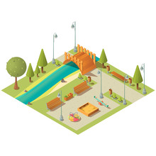 Isometric Landscape Of City Green Park With Playground. Garden Area With Grass Lawns, Benches And Bridge Over River. Vector 3d Carousel, Seesaw Swing And Sandbox For Children Activity