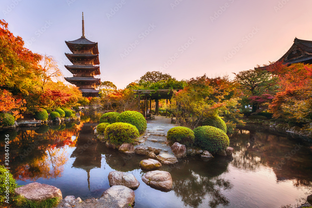Ancient wooden pagoda Toji temple in autumn garden, Kyoto, Japan. - obrazy, fototapety, plakaty 