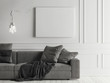 Mock up poster, Scandinavian decoration mock up studio, sofa and light bulbs, 3d render, 3d decoration