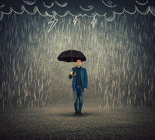 Businessman Standing Under Umbrella As Protection Of A Storm Sketch. Insurance Agent, Business Security Concept. Find Solutions To Escape Crisis Situations.