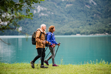 Sticker - A side view of senior pensioner couple hiking by lake in nature.