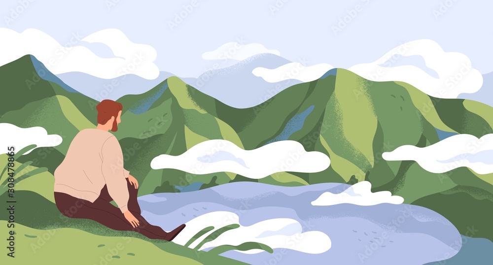 Nature exploration and contemplation flat vector illustration. Man enjoying scenic mountain landscape. Searching new horizons. Explorer cartoon character. Outdoor activity, discovery. - obrazy, fototapety, plakaty 