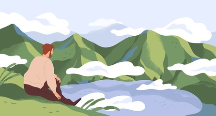 Nature exploration and contemplation flat vector illustration. Man enjoying scenic mountain landscape. Searching new horizons. Explorer cartoon character. Outdoor activity, discovery.