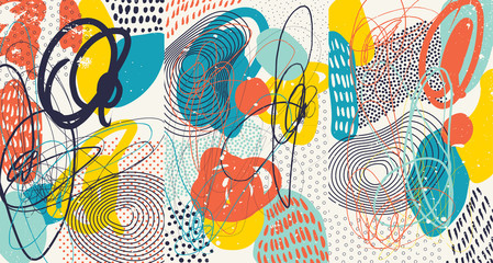 Creative doodle art header with different shapes and textures. Collage. Vector