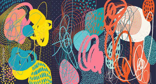 Creative doodle art header with different shapes and textures. Collage. Vector