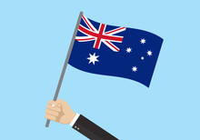Australia Waving Flag. Hand Holding Australian Flag. National Symbol With Southern Cross Constellation. Vector Illustration. 