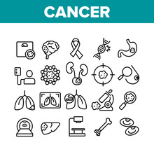 Cancer Anatomy Disease Collection Icons Set Vector Thin Line. Cancer Of Stomach And Lungs, Bones And Breasts, Brain And Liver Concept Linear Pictograms. Monochrome Contour Illustrations