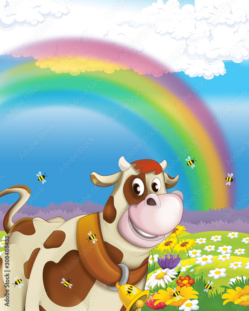 cartoon scene with cow having fun on the farm on white background - illustration for children