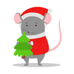 Wall Mural - Cute christmas rat holding a Christmas tree