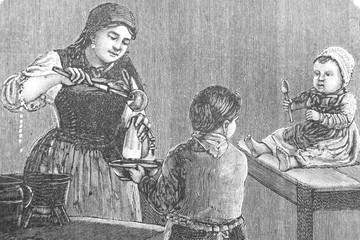 Wall Mural - Mom cooks food for her children - Vintage Engraved Illustration, 1894