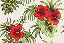Tropical Hawaiian Vintage Red Hibiscus Floral Green Leaves Seamless Pattern White Background. Exotic Jungle Wallpaper.