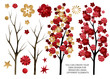 Set of watercolor elements of flowers and branches of Chinese plum and peach. Chinese style hand drawn branches for cards, patterns, wrapping paper and your own design.