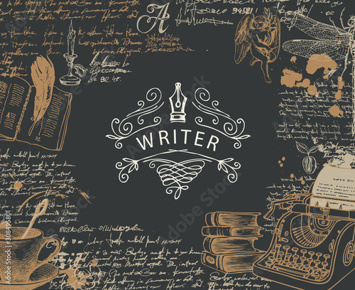 Vector banner on a writers theme with sketches and place for text in retro style on black background Poster Mural XXL