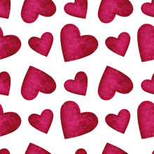 Watercolor Hand Drawn Colorful Deep Pink Hearts Isolated On White Background Seamless Pattern. Good For Valentine, Card, Scrapbooking, Textile, Wrapping Paper, Party, Celebration, Cover And Other.