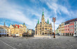 Liberec, Czechia. Panoramic view of main square with Town Hall building and fountain