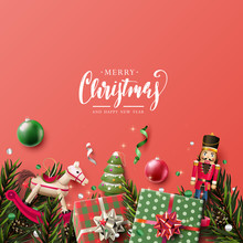 Christmas Greeting Card With Wooden Toys, Gift Boxes And Traditional Decorations