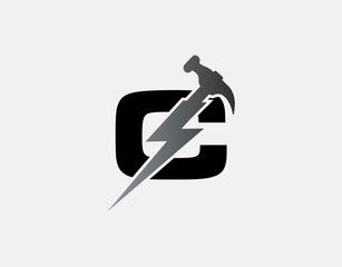 Hammer Flash C Letter Logo, Fast Service Logo Icon.