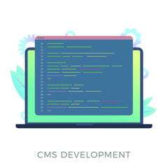 Wall Mural - Website content management system (CMS) development flat vector icon. Programming and installation cms for website managing. Laptop with code window isolated on white background