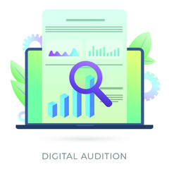 Wall Mural - digital audition vector icon concept with financial data analysis, seo analytics and marketing resea