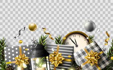 Christmas Header With Traditional Decorations, Gift Boxes And Clocks On  Transparent Background.