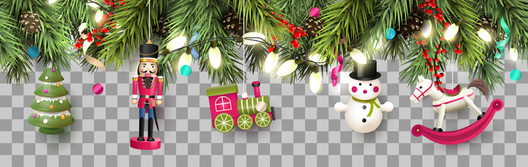 Wall Mural - christmas border with traditional wooden toys and branches.