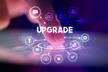 Poster - Finger touching tablet with web technology icons and UPGRADE inscription, web technology concept