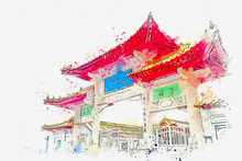 Watercolor Drawing Of Jinshan Temple  Famous Temple At Jeufen Keelung Taiwan.