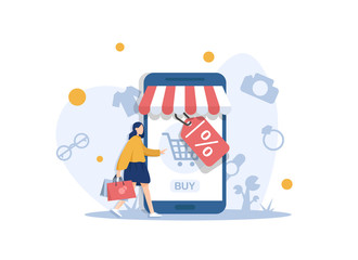 Wall Mural - modern flat design concept of online shopping with small people,mobile website development. ui and u