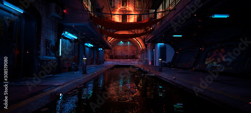 Beautiful neon night in a cyberpunk city. Photorealistic 3d illustration of t...