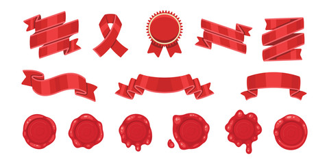 Red ribbons and cartoon red old wax stamps set, isolated on white background. Decorative ribbon banner and sealing label setcollection.