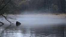 Thick White Fog Over The River, Autumn Landscape