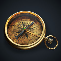 vintage brass compass isolated on black background 3d