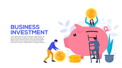 Wall Mural - Business investment design concept with piggy bank, coins and people. Flat vector illustration. Landing page template for web.