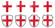 Vertical English Saint George flag in shield shape, four 3d and simple versions. England icon / sign
