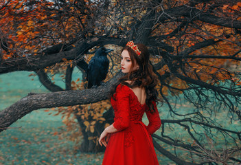 Attractive redhead woman queen in red dress with long train. Golden crown on hair. Backdrop autumn nature old tree, raven sits on branches, fallen yellow orange leaves on green grass. rear view back