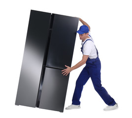 Sticker - Professional worker carrying refrigerator on white background