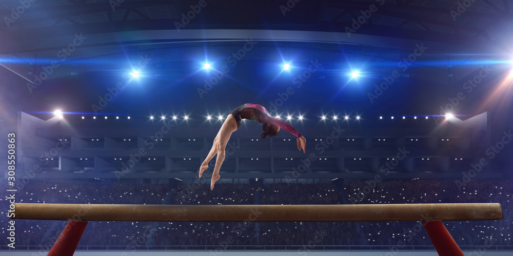Female gymnast on professional arena. - obrazy, fototapety, plakaty 